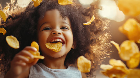 A pretty little black girl with a shock of lush curly hair is happy and laughing against the background of potato chips floating in the air. A young girl eats delicious chips and enjoys her snack. Fast foodの素材