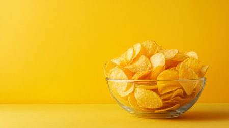 A glass plate with delicious crispy golden chips is depicted on a yellow background. The concept of unhealthy eating. Fast food. A delicious snack. Junk food leading to obesity and overeating. The plate is filled with potato chipsの素材