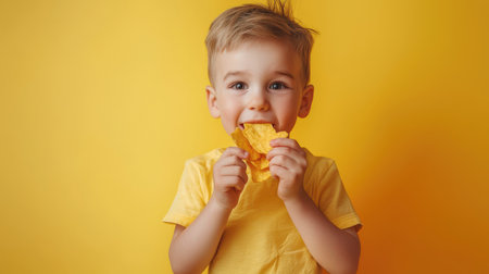 Junk food. Fast food. A pretty boy is eating crispy golden potato chips on a yellow background. The boy smiles and enjoys his delicious snack. Food that causes obesity and overeatingの素材