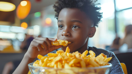 Fast food. A black teenager was thinking about something in a cafe, eating French fries. Junk food. A little boy is eating potato chips in a restaurant. The concept of enjoyment and harming one's healthの素材