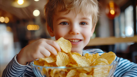 Fast food for watching a movie. Snack. A cute little white boy is eating fluted crispy potato chips from a glass plate. He smiles and enjoys his delicious snack. Junk food leading to obesityの素材