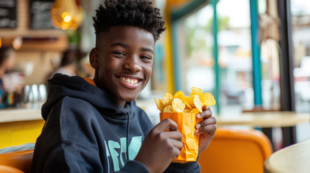 A cute black teenager guy is smiling and holding a yellow bag of potato chips in his hands. He's sitting at a table in a restaurant. The concept of happiness and enjoyment. Fast food leading to obesity. Junk foodの素材