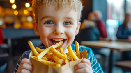 A happy white kid holds a bag of French fries in a cafe. A little boy enjoys delicious golden French fries. Fast food. Junk food leading to obesityの素材