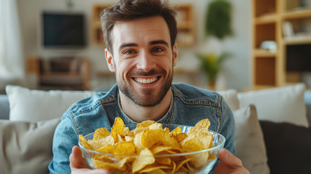 A positive unshaven man smiles and holds a plate of potato chips in his hands. The scene is happy and relaxed. A cheerful guy is sitting on the couch in the living room and eating crispy chips. Fast foodの素材