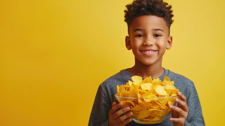 A black teenage boy holds a glass plate with potato chips in his hands and smiles against a yellow background. The guy is happy with his delicious snack. Junk food. Fast food.の素材