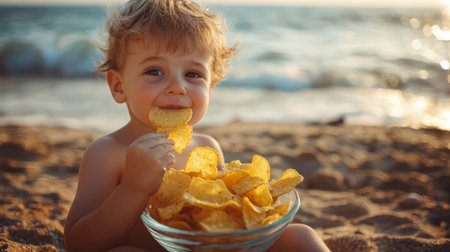 A little boy with blond hair is sitting on the beach and eating fragrant potato chips from a glass bowl. Fast food. The scene is relaxed and carefree: a child enjoys a delicious snack in a beautiful outdoor settingの素材