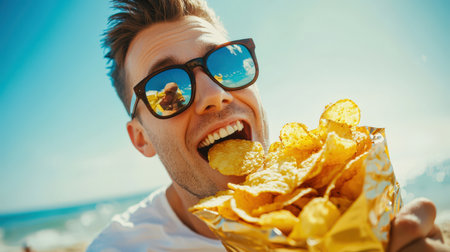 Funny guy in sunglasses enjoys crispy potato chips on the beach on a sunny summer day. The scene turned out to be carefree and fun, as the man is relaxing in a relaxed outdoor environmentの素材