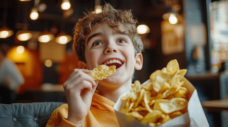 A student eats potato chips in a cafe. A teenage guy enjoys a delicious snack. He smiles and eats chips from a bag. The scene is laid-back and carefree, the boy enjoys relaxing in a relaxed environmentの素材