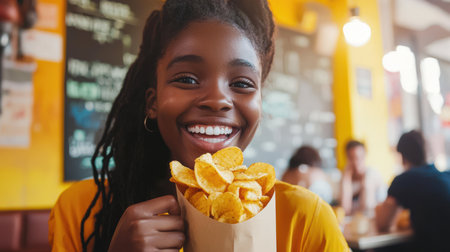 American delicious snack. Cute black teen girl eating potato chips in a cafe. Takeaway food. A smiling schoolgirl with a bag of chips in her hands. The idea of happiness and enjoyment. Junk food.の素材