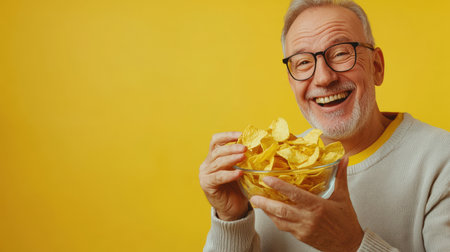 A white, carefree elderly man smiles and holds a plate of potato chips. The idea of happiness and enjoyment. Fast food. A fragrant delicious spicy snack. Junk food leading to obesity and overeatingの素材