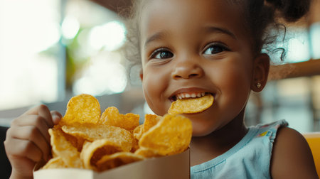 A pretty little black girl is eating crispy golden potato chips from a paper bag. A delicious aromatic snack. Junk food. Fast food. The concept of overeating and obesity in children. Happiness and enjoyment.の素材