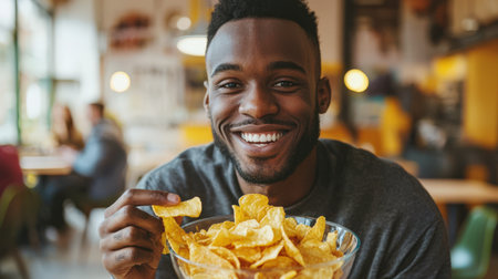 A smiling black man eating crispy golden potato chips in a restaurant. The scene is happy and relaxed. A carefree African man enjoys a delicious snack in a cafe. Fast food. Junk foodの素材