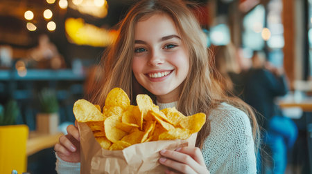 Delicious snack. A teenage girl eats potato chips in coffee from a paper bag. Cute schoolgirl enjoys crispy chips. The scene is fun and carefree. Fast food. Junk food.の素材