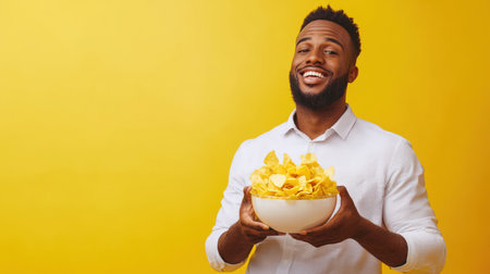 A black, positive man holds a plate of golden crispy potato chips in his hands and smiles. A bearded guy in a white shirt enjoys a delicious snack on a yellow background. Fast food. Junk foodの素材