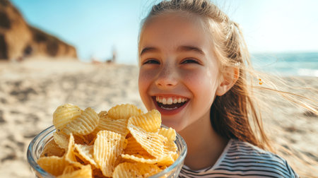 A teen girl with blonde hair is eating potato golden crispy chips on the beach. A young white schoolgirl girl on the beach holds a plate of chips in her hands. She smiles and enjoys her delicious snackの素材