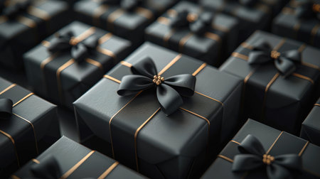 The idea of a Black Friday Christmas sale. A view of the elegant black gift boxes with black ribbons with gold edging and black bows on top. The concept of inheritance. Stylish giftsの素材