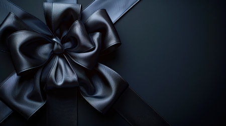 A black ribbon bow is depicted on a black background. Background for the design of Black Friday ads. a night of sales, discounts and promotions. The concept of inheritance. Festive background from a gift box.の素材