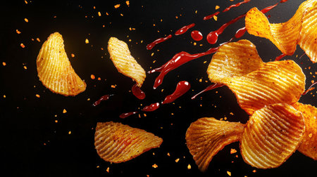 Potato chips with ketchup. Close-up of flying fluted golden potato chips with drops of tomato sauce on a black background. Fast food. Youth snacks. A harmful snackの素材
