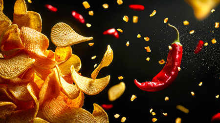 Close-up of chili peppers and chips. The scene is playful and funny. Fast food. A bunch of golden delicious potato chips fly into the air with red hot chili peppers on a black background. Junk food.の素材
