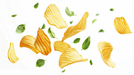 Golden crispy chips with the taste of fresh greens on a white background. Fast food. A handful of potato chips with green leaves floating in the air. The concept of freedom and lightness. Junk food leading to obesity.の素材