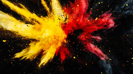 A bright explosion of yellow, black and red colors in the night sky. The explosion consists of many small particles, some of which are yellow and some of which are red. The explosion is very bright and colorfulの素材
