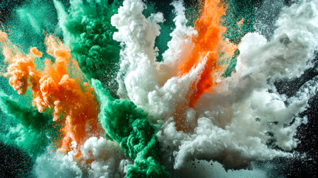 A bright explosion of smoke in green, white and orange tones. The colors of the flag of India and Ireland. Abstract colorful background. A backdrop for the design. The colors of Holi explode in the air on a black background.の素材