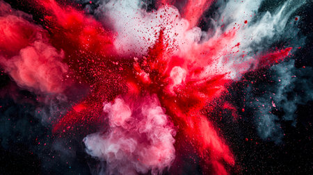 The red and white colors of Holi mix in the air on a black background. A red and white colorful explosion. Juicy abstract background for the design. The backdrop. The red and white colors are very bright, and the explosion is very strongの素材