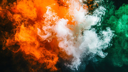 A mystical colorful explosion of ink in the black sky. A bright explosion of orange, white and green smoke. Bright colors and thick smoke create a sense of chaos and energy. Beautiful abstract design background. The Magic backdropの素材