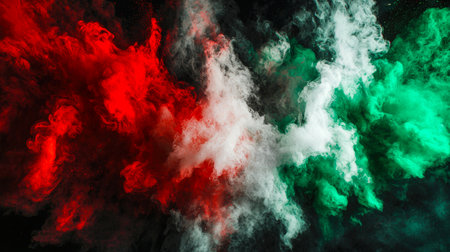 Colored ink spreads in water on a black background. A bright explosion of smoke and fire. The colors red, green and white create a thick billowing smoke. A sense of chaos and energy. The image is dynamic and visually strikingの素材