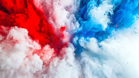 Red, white and blue ink explodes in the air. A multicolored cloud of smoke with red, blue and white particles. Thick and billowing smoke creates a feeling of movement and energy. The colors of the smoke are bright and attractiveの素材
