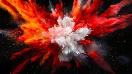 An explosion of Holi colors in the air on a black background. A big explosion of red, white and orange powder. The explosion is so big that it takes up the entire frame. The colors of the explosion are bright and vibrant, creating a feeling of energy and excitementの素材