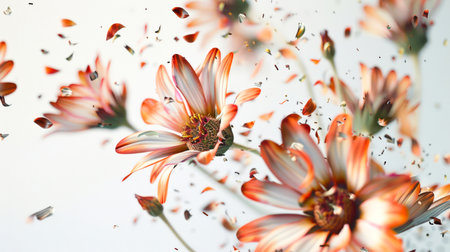 A close-up of a bouquet of amazing flowers with lots of petals scattered around. The flowers are white and orange and they are swayed by the wind. The concept of the poster for March 8. International Women's Day. Flowers for the holiday. Movement and energyの素材