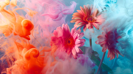 Bright flowers - African daisies - in colorful smoke. The bouquet is surrounded by smoke, which gives it a surreal and dreamy look. The concept of a postcard for March 8th. Stylish floral backgroundの素材