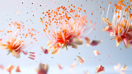 Three amazing exotic flowers are floating in the air. The flowers are surrounded by a lot of pollen, which gives the impression of a chaotic and disorderly environment. The concept of a postcard for the women's holiday on March 8. Spring and loveの素材