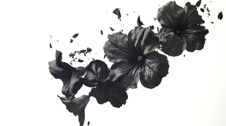 Beauty is floating. A symbol of death and decay. Amazing black petunia flowers dancing on a white background. The flower is floating in the air, and it has many black petals.の素材