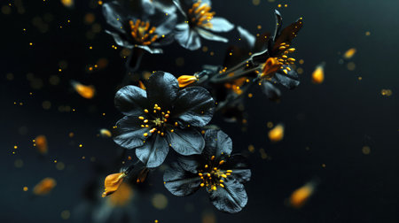 Close-up of black petunia buds - some of the most beautiful flowers in the world. Black colors with gold inserts. The concept of a stylish postcard for March 8th. A symbol of death and decay. The scene is somewhat gloomy and gloomyの素材