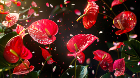 A colorful pattern of red anthurium flowers. Close-up of exotic red flowers floating on a black background. The concept of a postcard for March 8th. A symbol of spring and love.の素材