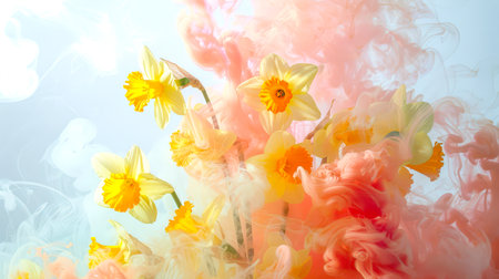 A bouquet of spring daffodils is surrounded by pink-yellow smoke. The concept of a gift card for March 8th. Fabulous floral mystical background. International Women's Dayの素材