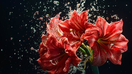 Close-up of the red buds of an amaryllis flower surrounded by water droplets. The concept of freshness and beauty, as water droplets give the flower a touch of life. A stylish postcard for March 8th. Spring and loveの素材