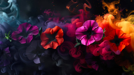 A bright floral arrangement with colored smoke on a black background. Beautiful floral background. The concept of a holiday card for International women's Day on March 8. An original giftの素材