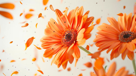 Close-up of juicy orange African daisies flying through the air on a white background surrounded by orange petals. A gift card for March 8th or any other holiday. The concept of a festive bannerの素材