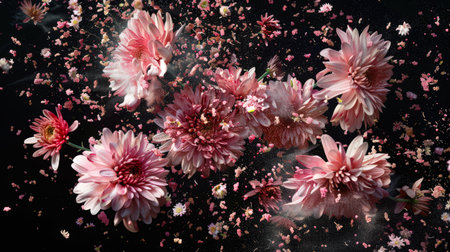 An explosion of delicate pink chrysanthemum buds. Close-up of a bouquet of pink flowers with lots of petals floating around. Flowers are scattered throughout the image, creating a sense of chaos and movement. The scene is full of beauty and fragilityの素材