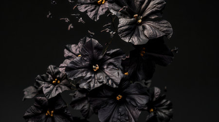 Black petunia flowers with golden centers fall from top to bottom on a black background. Stylish poster for March 8th. International Women's Day. The most beautiful flower in the worldの素材