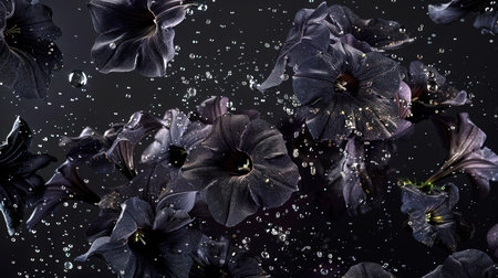 Elegant buds of black petunia dance in the air with drops of water on a black background. A close-up of black flowers is a symbol of death. The scene is serene and soothingの素材