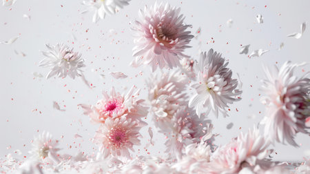 The concept of the poster for International Women's Day on March 8. Close-up of a bouquet of white chrysanthemums with pink petals. Flowers are flying all over the image. The scene is just gorgeous and cheerfulの素材