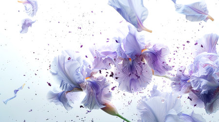 Magnificent graceful irises dancing in the air. Close-up of light purple flowers with lots of petals scattered around. A postcard for March 8 - women's Day. The concept of beauty and fragility.の素材