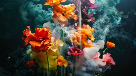 A bright bouquet of colorful unusual flowers is surrounded by smoke. The scene is both beautiful and creepy. The concept of a holiday card for March 8th. International Women's Day. A symbol of love and beautyの素材