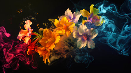 Mystical flowers in thick red-yellow-blue smoke on a black background. Floral pattern. A bright floral arrangement as a postcard for women's day - March 8. The flowers are arranged in such a way that it seems as if they are floating in the airの素材