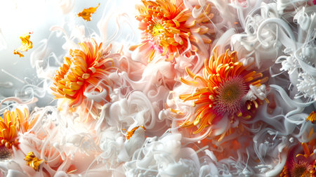 A bouquet of orange chrysanthemums in thick white smoke. The concept of a postcard for Valentine's day or March 8th. A symbol of spring, beauty and femininity. There is something dreamy, unearthly in the paintingの素材
