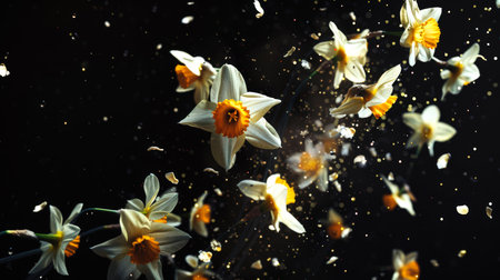 Wonderful daffodils float in the air on a black background. Close-up of a bouquet of white flowers with a yellow center. The concept of a holiday card for March 8th. Women's dayの素材